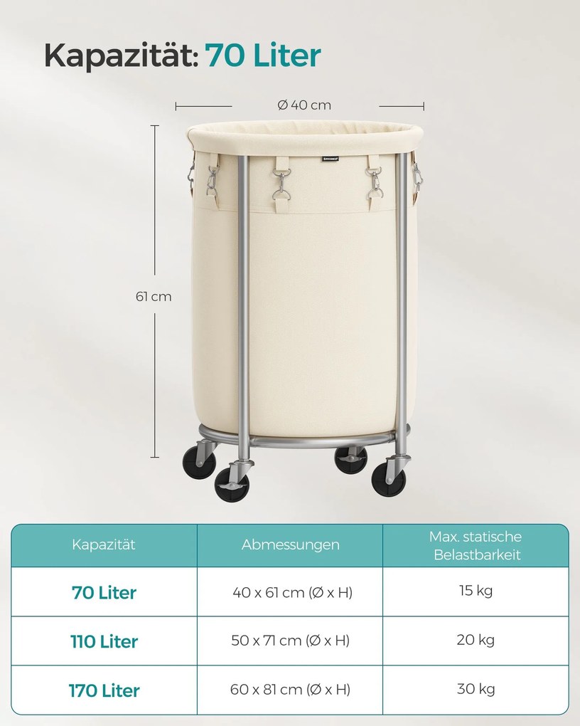 Cesto de roupa suja com rodas 70 litros Creme