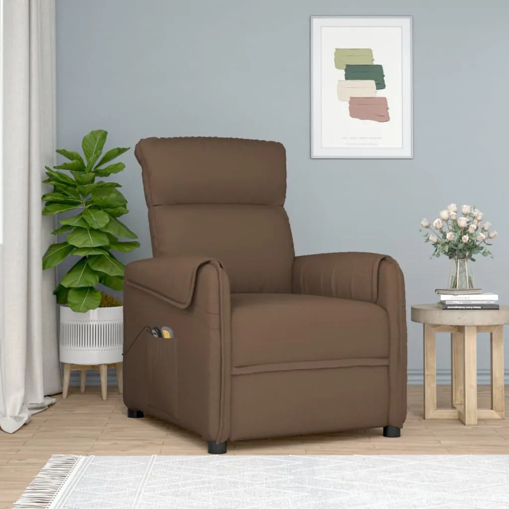 vidaXL Poltrona elevatória de massagens tecido castanho
