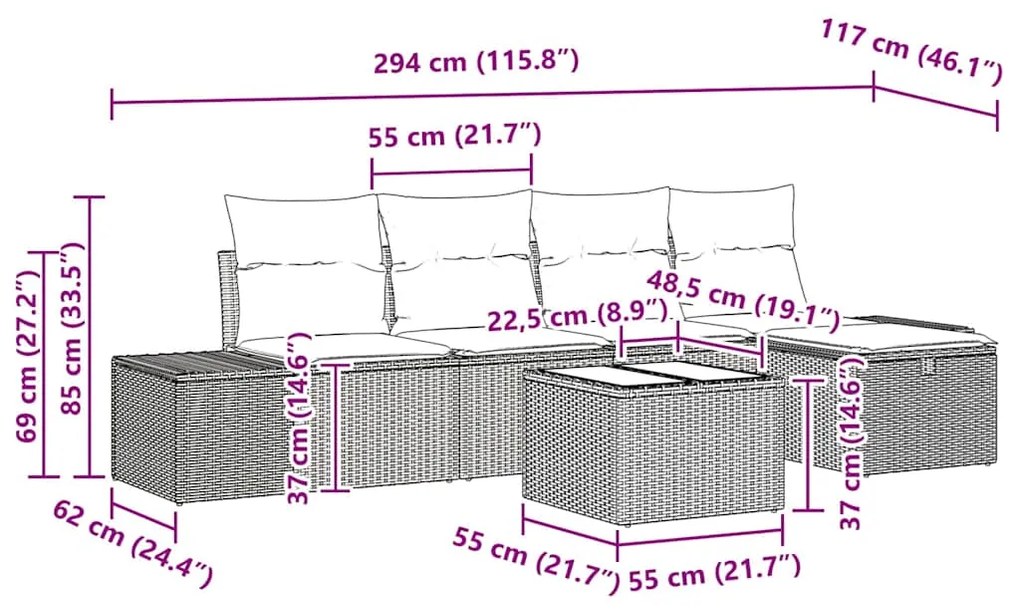 Conjunto de Sofá de Jardim com 6 Peças e Almofadas Cinza Claro em Ratt