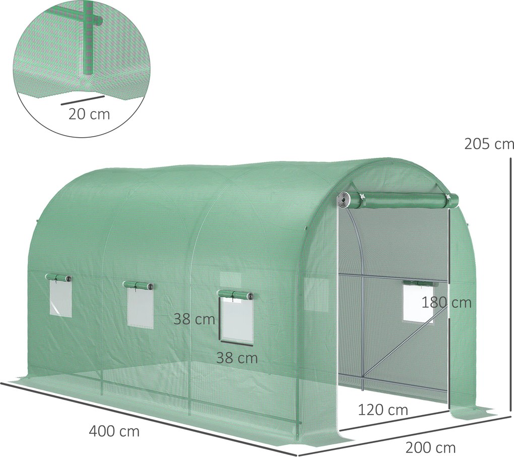 Estufa de jardim em forma de túnel, área útil de 8 m², 4,00 m (C) x 2,00 m (L) x 2,05 m (A), estrutura tubular reforçada, porta com fecho de correr, 6