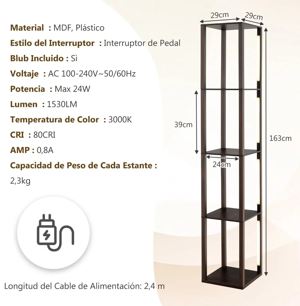 Candeeiro de pé moderno com prateleiras, lâmpadas LED reguláveis em 3 níveis e postes LED giratórios para quarto 29 x 29 x 163 cm cor nogueira