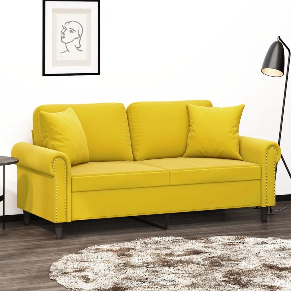 Sofá 2 lugares c/ almofadas decorativas 140 cm veludo amarelo