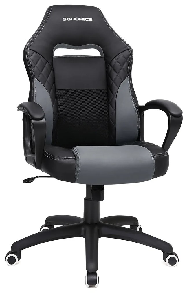 Cadeira de escritório SONGMICS Racing Sport com função de inclinação, mesa de computador giratória, cadeira de poliuretano, preta e cinza, OBG38BG