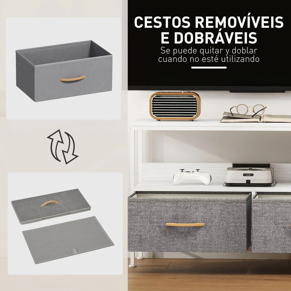 Móvel de TV com Prateleira e 2 Gavetas de Tecido Dobráveis para Televisores até 47 Polegadas 98x29x56 cm Branco e Cinza
