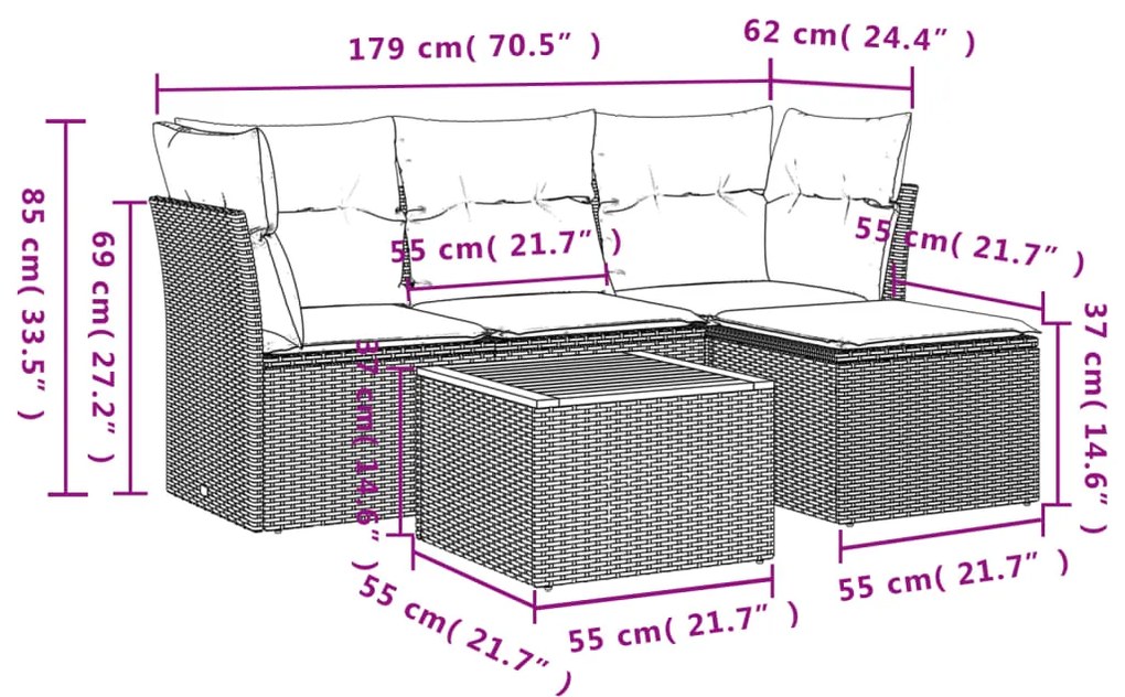 5 pcs conjunto de sofás p/ jardim com almofadões vime PE bege