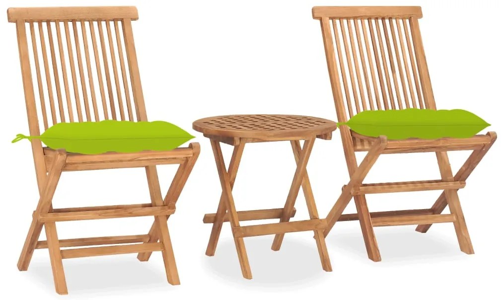 vidaXL 3 pcs conj. jantar dobrável exterior c/ almofadão teca maciça