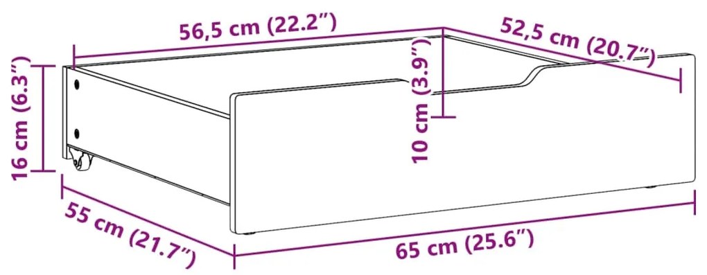 Gavetas para cama com rodas 2 pcs 65x55x16 cm pinho maciço