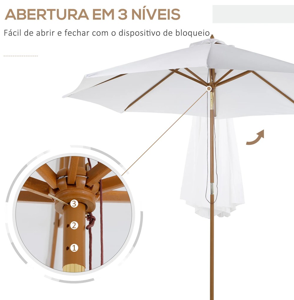 Outsunny Chapéu de Sol de Madeira Ø300x250cm com Altura Ajustável em 3 Níveis para Jardim Terraço Piscina Cafeteria Branco Marfim