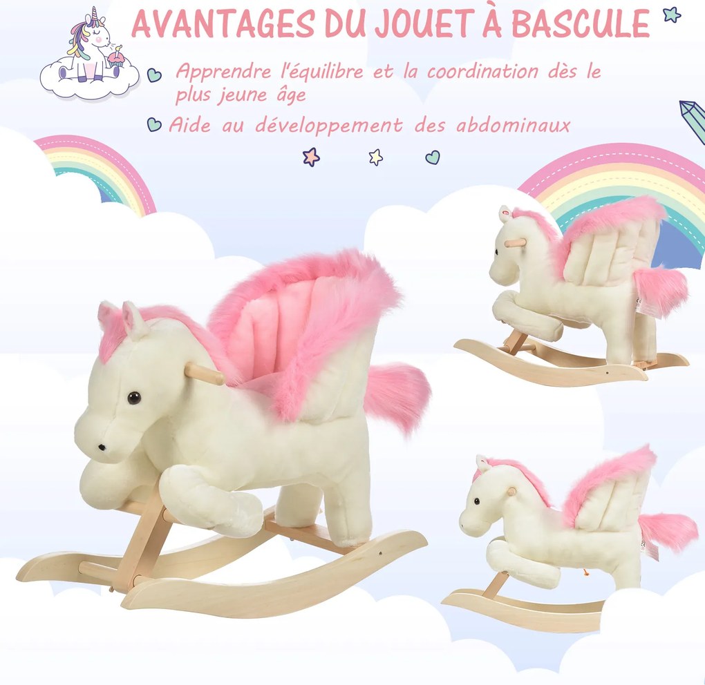 Cavalo de baloiço com função musical, sela de grande conforto, pelúcia curta e macia para crianças dos 18 aos 36 meses, em madeira de álamo, branco e