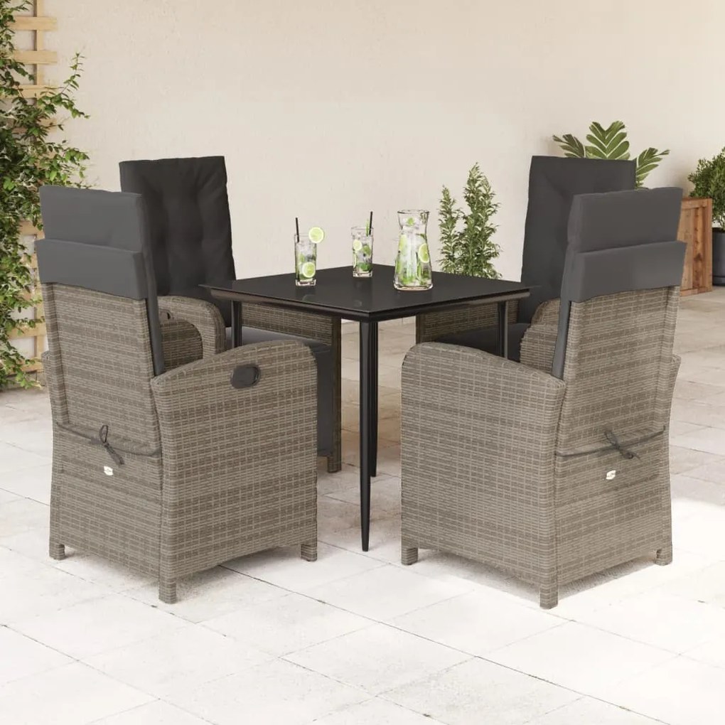5 pcs conjunto de jantar p/ jardim c/ almofadões vime PE cinza