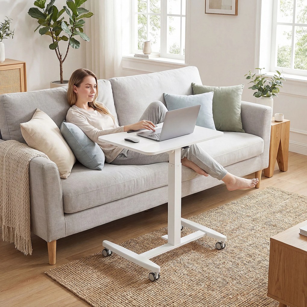 Secretária para trabalhar em pé com altura ajustável 60,5 x 52 x 75-114 cm, tampo inclinável, Rodas e estrutura em aço branco