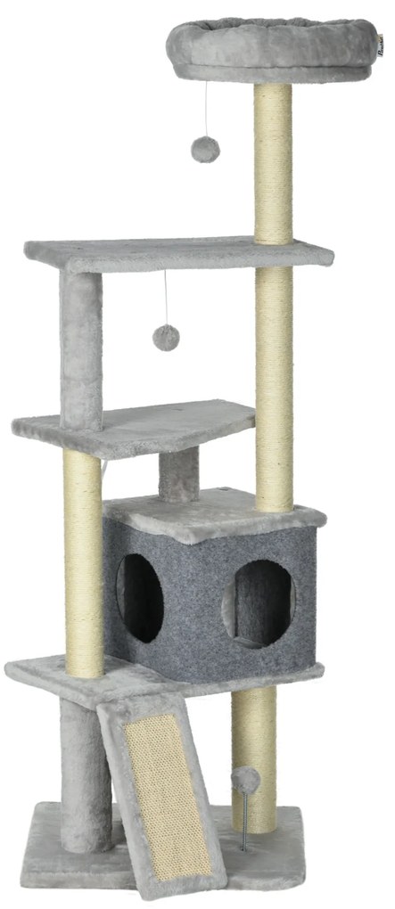 PawHut Árvore de gato árvore de escalada para gato multi-equipamentos arranhadores 4 plataformas 1 casa 1 cesta altura 146 cm cinza | Aosom Portugal