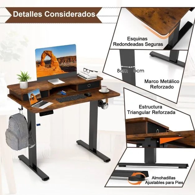 Secretária elétrica com pé 100 x 60 cm com 2 gavetas, altura ajustável e suporte para monitor Castanha