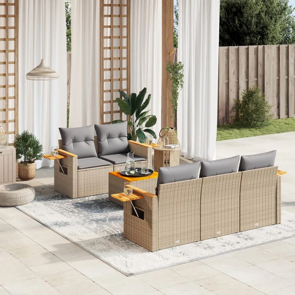6 pcs conjunto de sofás p/ jardim com almofadões vime PE bege
