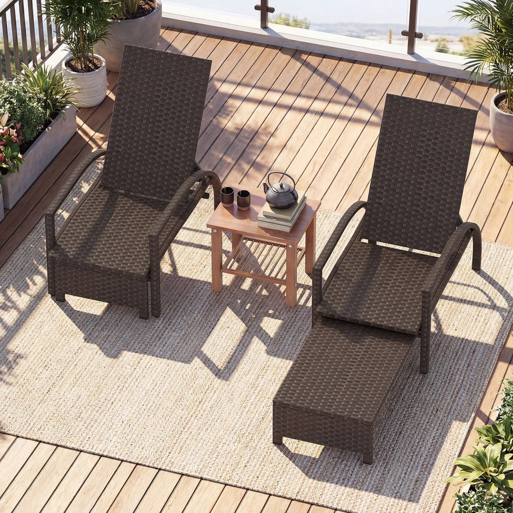 Conjunto de 2 Espreguiçadeiras de Jardim, 146 x 64 x 57 cm, Encosto Ajustável em 6 Níveis, Castanho