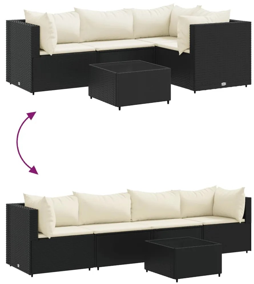 5 pcs conjunto lounge de jardim c/ almofadões vime PE preto