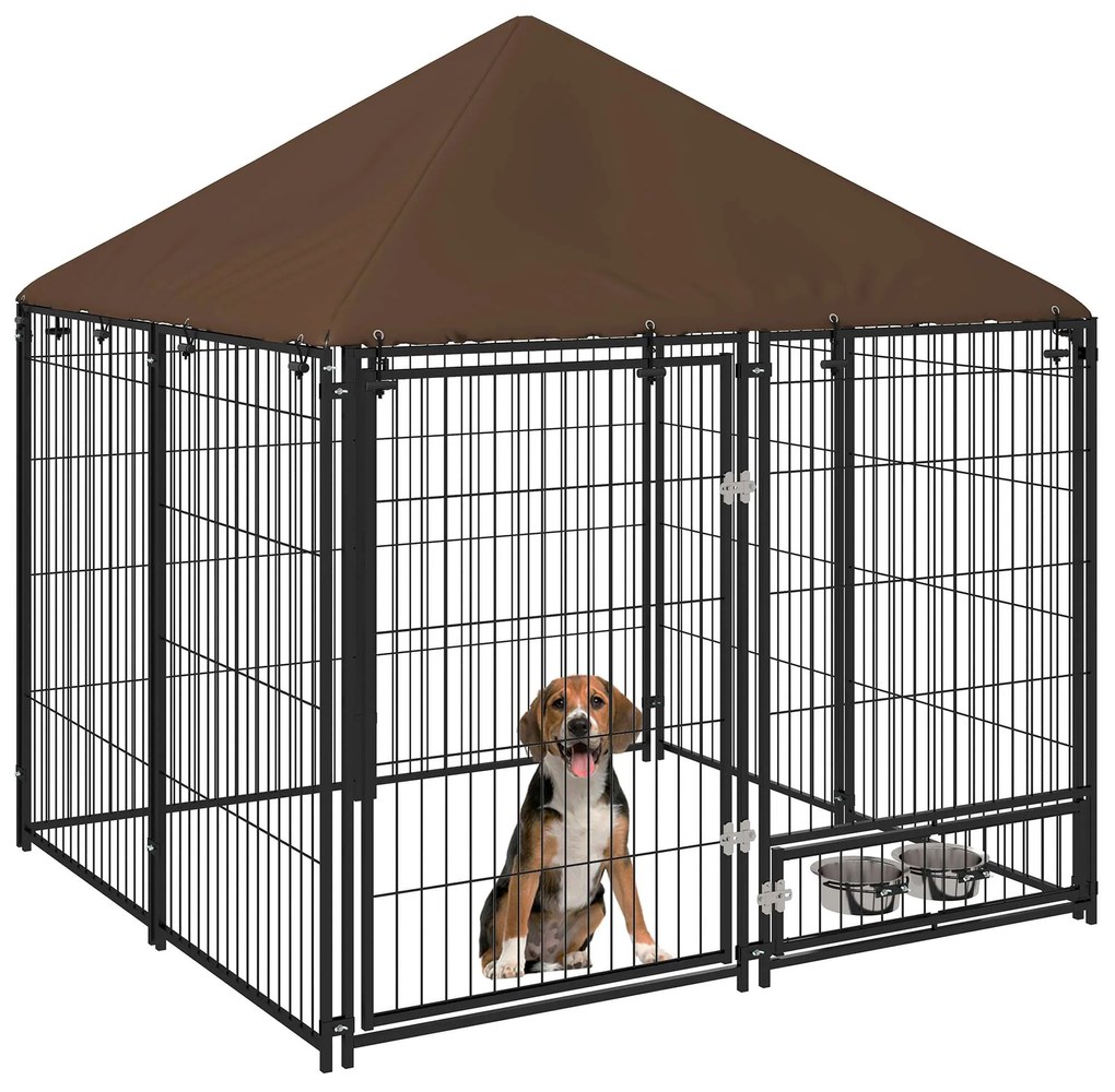 PawHut Parque Cães Toldo Suporte Giratório Comida 2 Tigelas 141x141x151 cm Preto Marrom