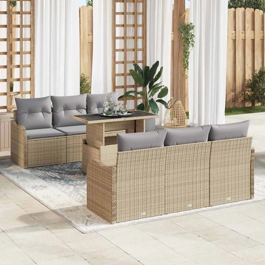 vidaXL Conjunto de sofá de jardim com 7 peças e almofadas bege em rattan sintético