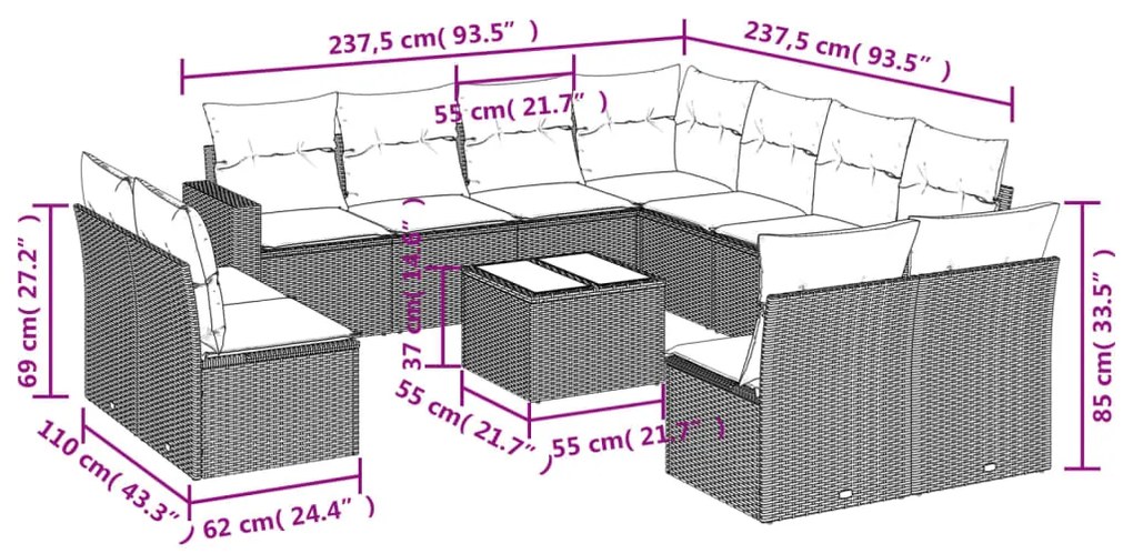 12 pcs conjunto de sofás de jardim c/ almofadões vime PE preto