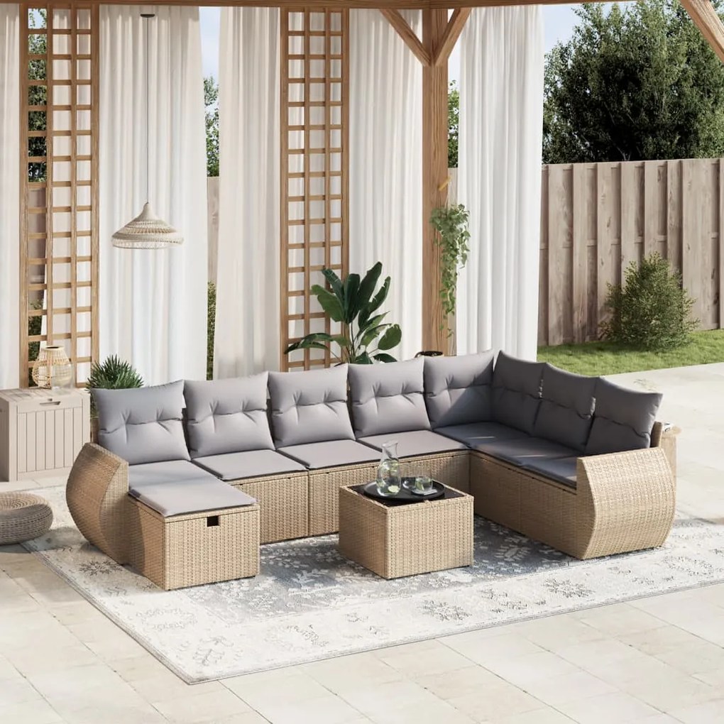 9 pcs conj. sofás jardim c/ almofadões vime PE bege misturado