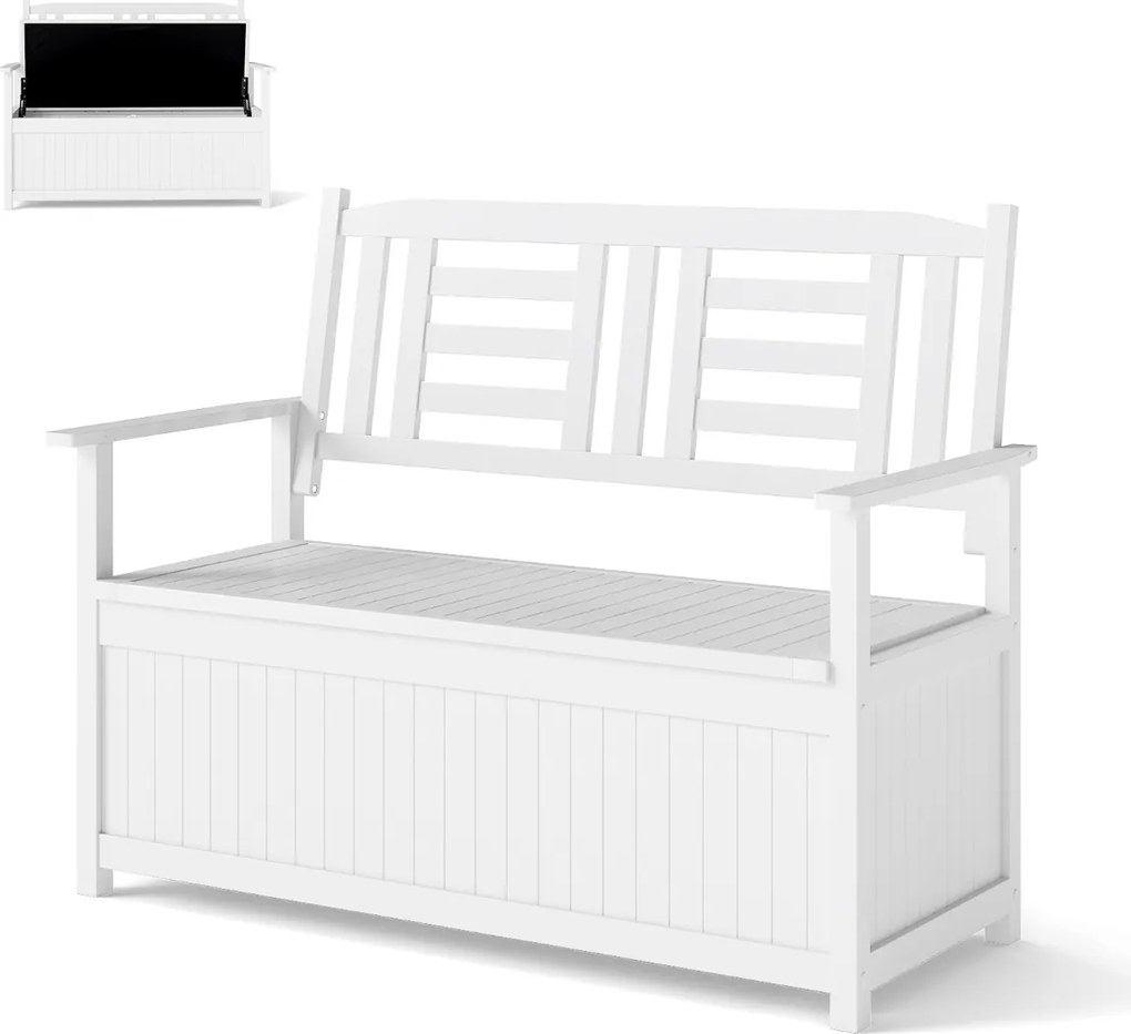 Banco jardim 123 x 68,5 x 96 cm com armazenamento para pátio com 185 L para 2 pessoas com encosto e braços branco