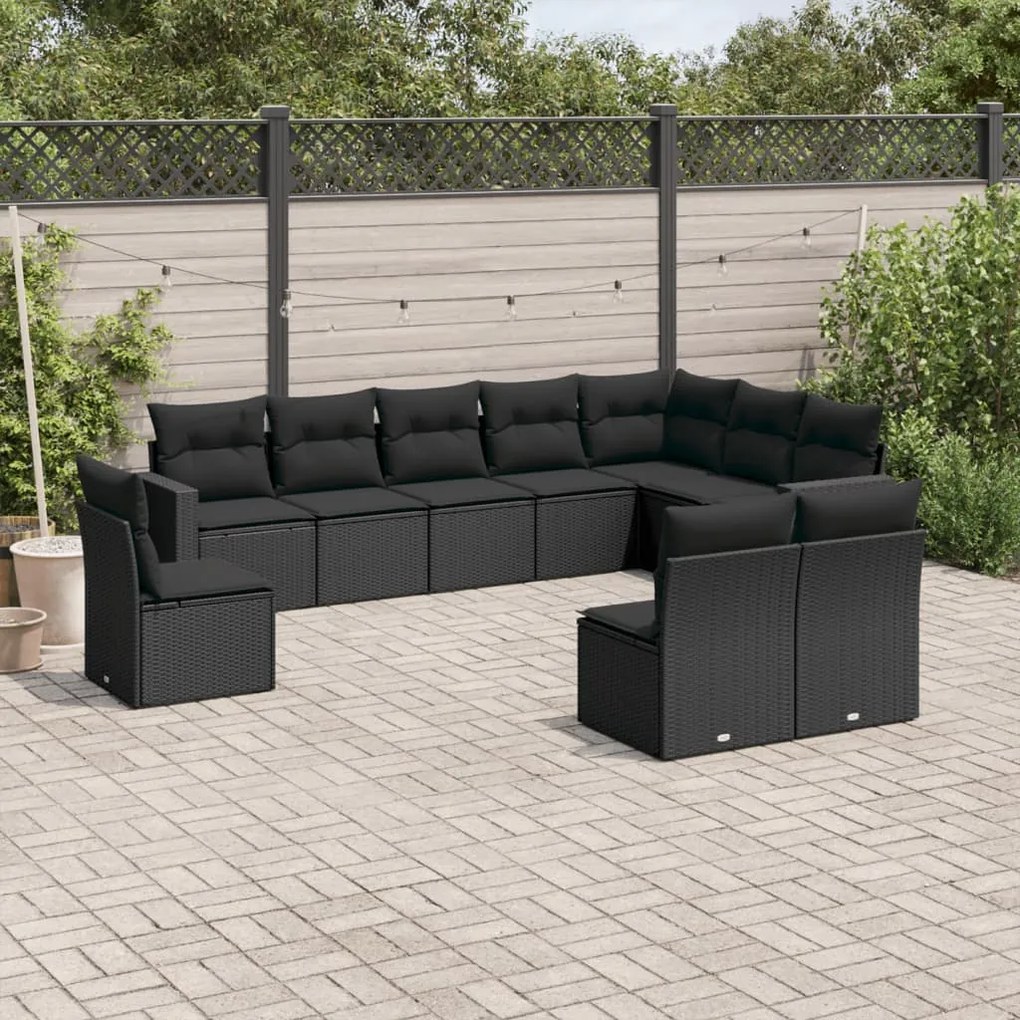 10 pcs conjunto sofás de jardim c/ almofadões vime PE preto