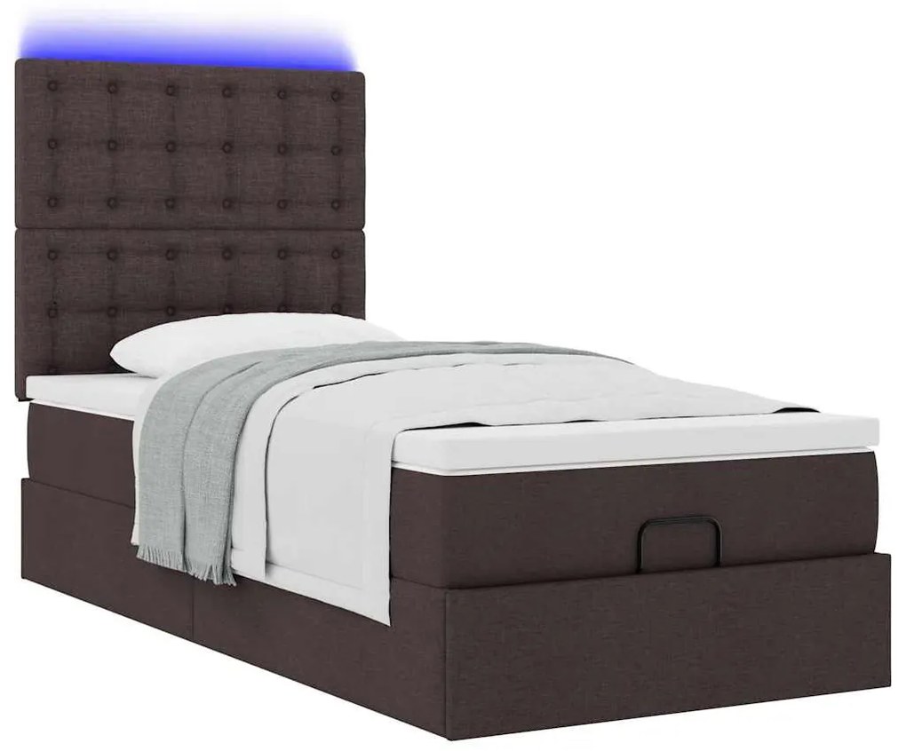 Cama otomana com colchão & LEDs 90x200cm tecido castanho escuro