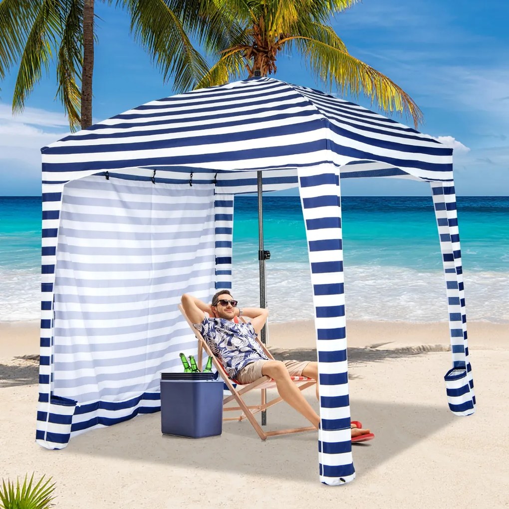 Tenda de praia portátil 183 x 183 x 215-240 cm com parede lateral amovível Saco de transporte 8 sacos de areia Proteção solar Exterior Azul + Branco