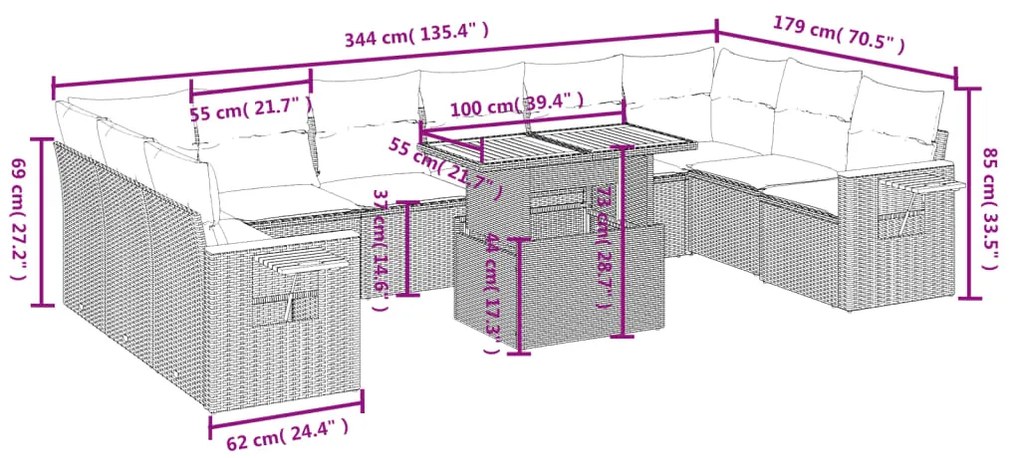 11 pcs conjunto sofás de jardim c/ almofadões vime PE bege