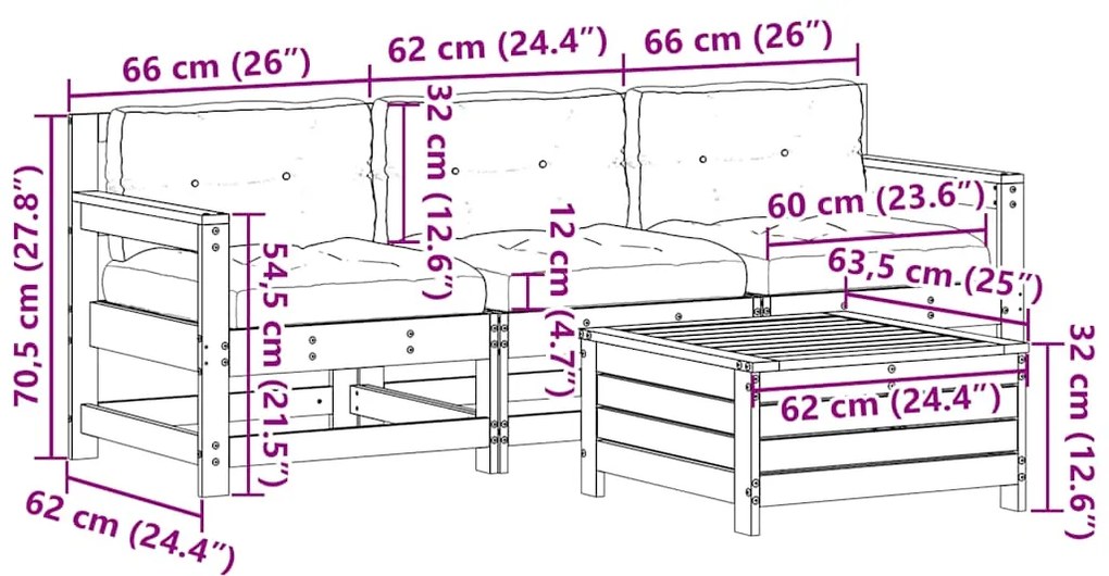 4 pcs conjunto lounge de jardim c/ almofadões pinho maciço