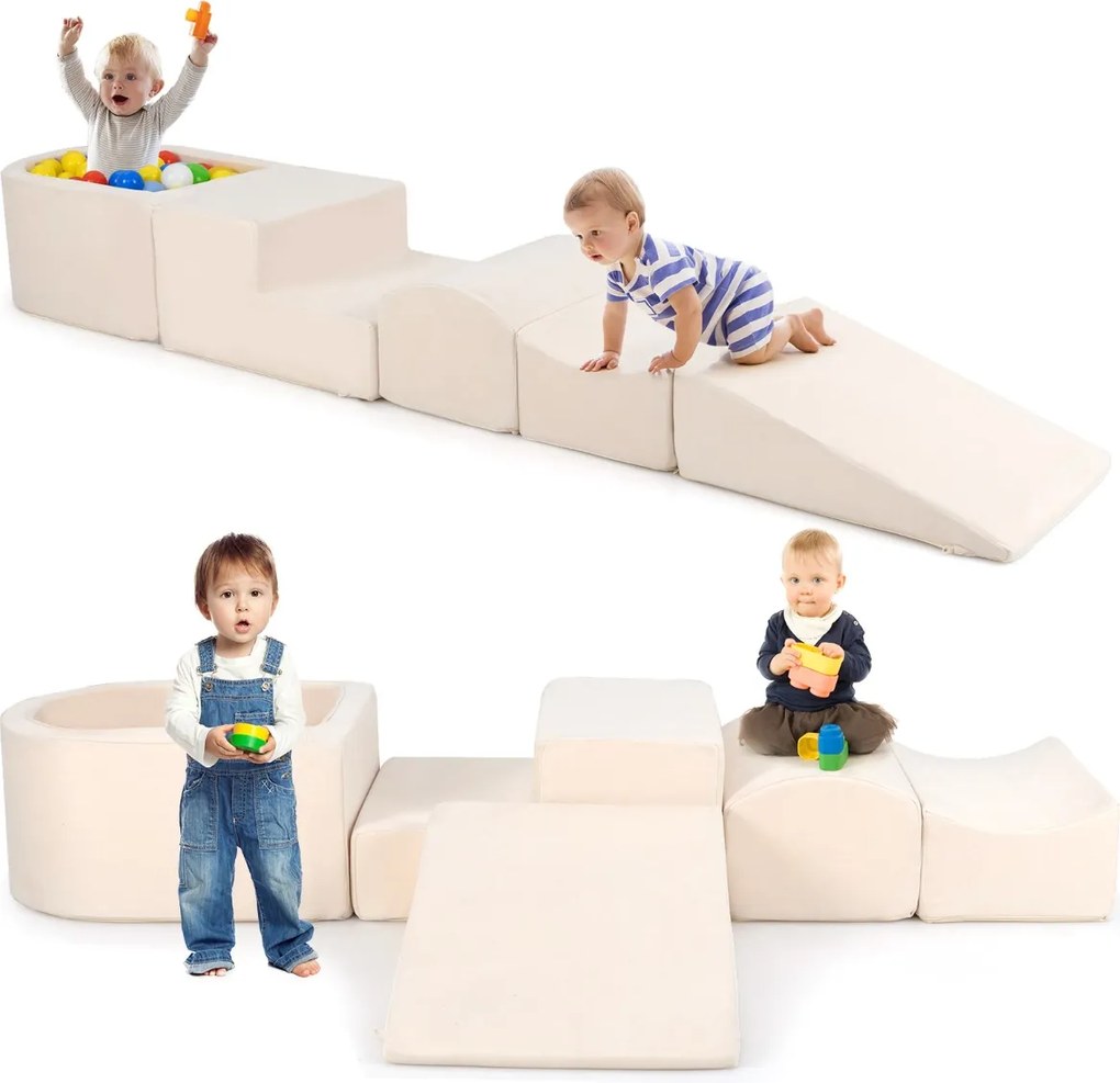 Conjunto infantil de 5 peças para trepar e fazer rampas Blocos de construção em esponja com piscina de bolas Cobertura lavável Criativo Bege