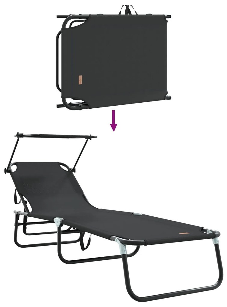 Espreguiçadeiras Dobráveis 2 pcs com Toldo Preto Tecido Oxford 600D
