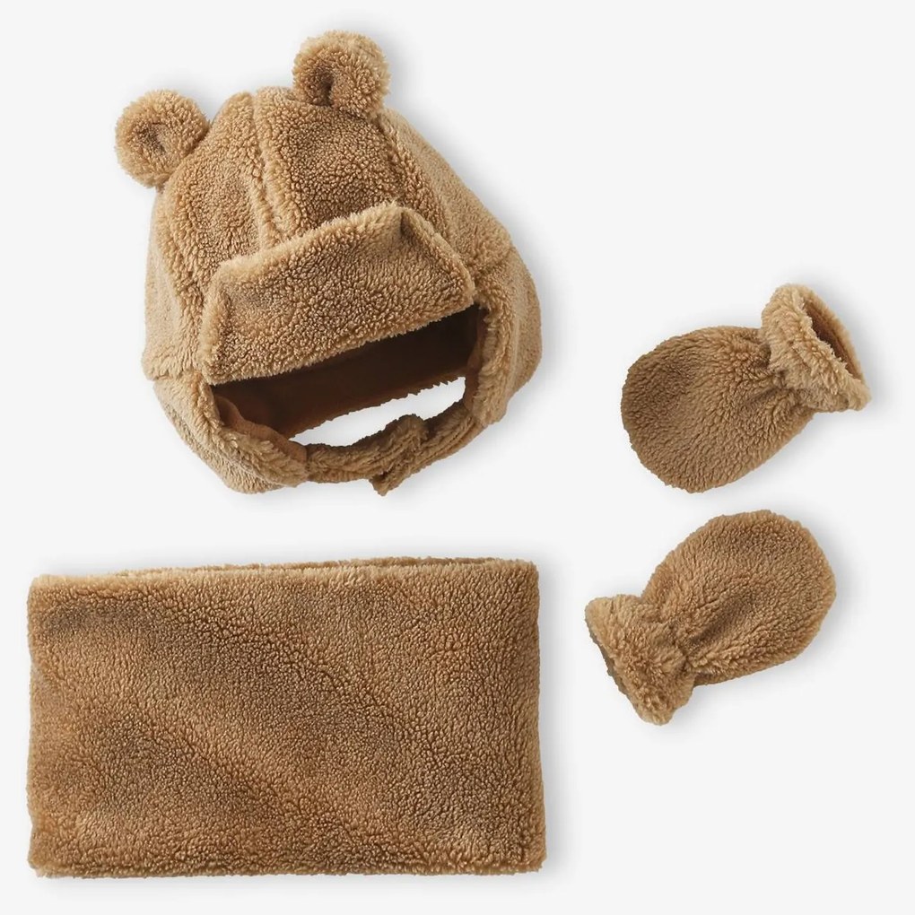 Conjunto chapka, gola snood e luvas em sherpa, para bebé  bege-areia
