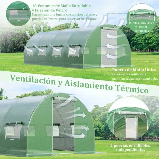 Estufa Túnel exterior com 10 janelas enroláveis 2 portas com fecho de correr Tenda de jardim à prova de vento 6 x 3 x 2 m Verde