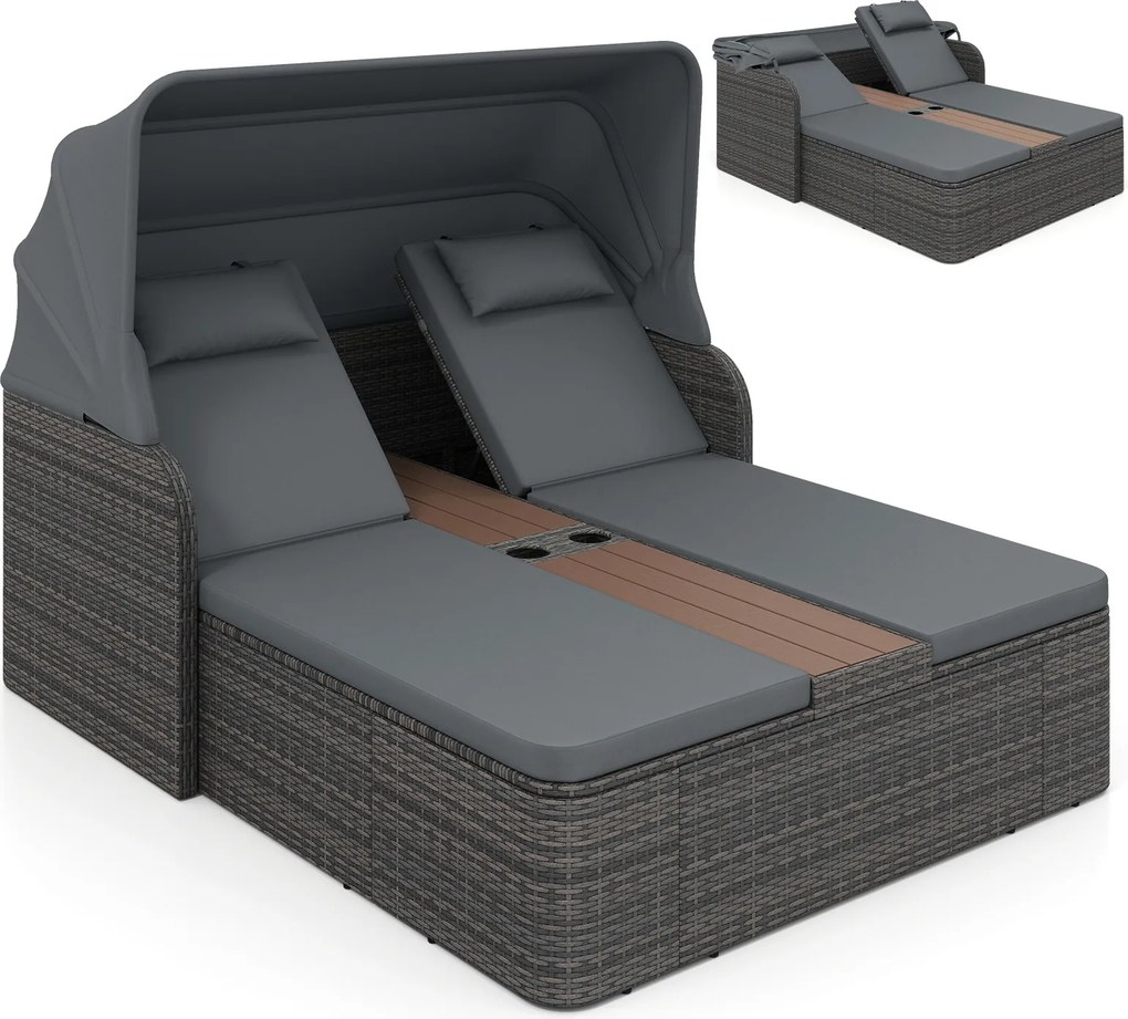 Cama de rattan jardim dupla com toldo retrátil 203 x 159 x 141 cm, encostos ajustáveis e mesa central com porta-copos para jardim, piscina e terraço c