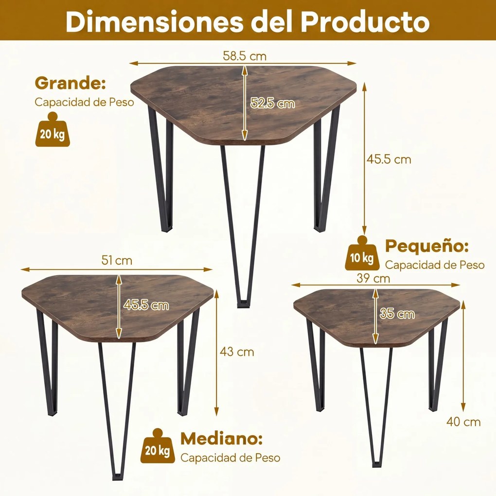 Conjunto de 3 Mesas de Centro Empilháveis, 58,5 x 52,5 x 45,5 cm, Estrutura Metálica, Castanho
