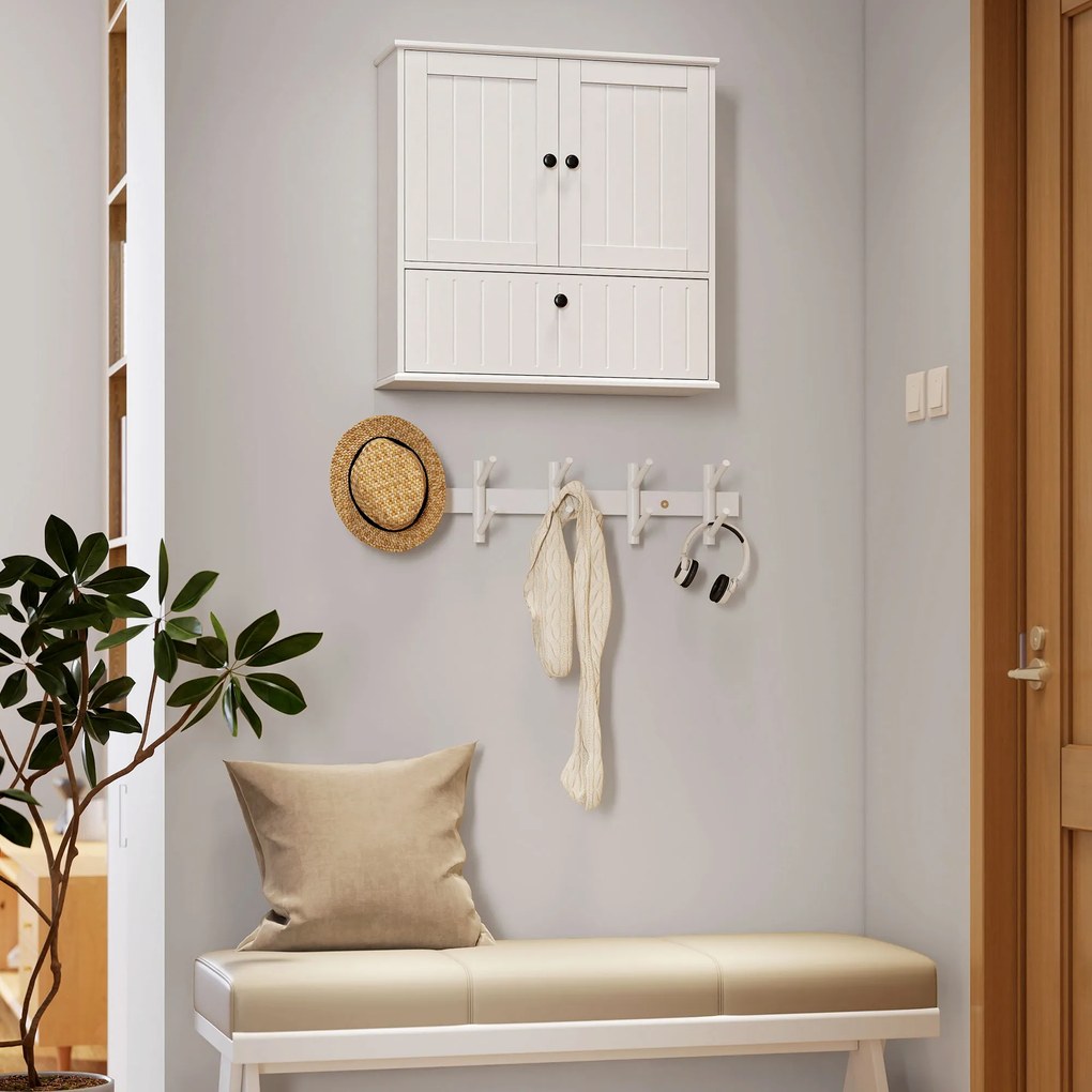 Armário Casa de Banho de Parede Rústico com Prateleira Ajustável Dupla Porta Porta Basculante e Fecho Magnético 60x19,5x60 cm Branco