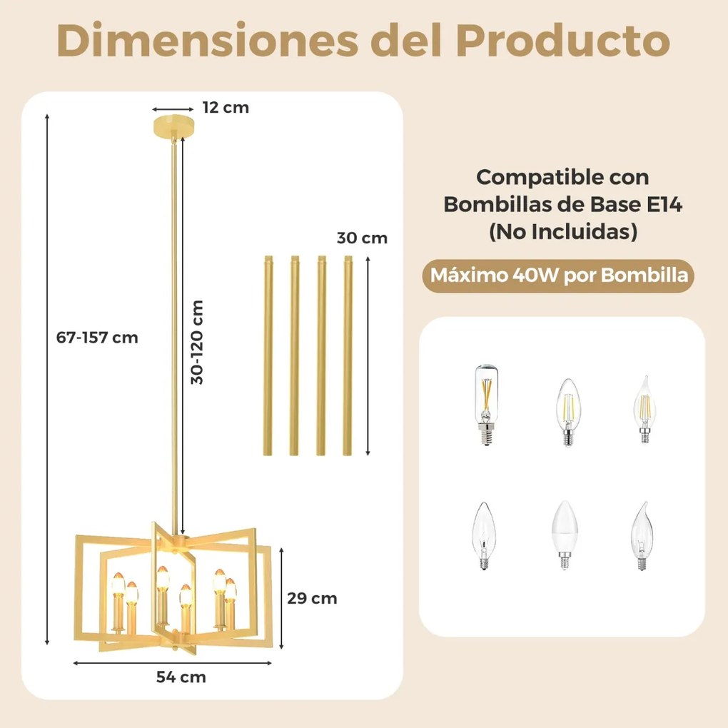 Candeeiro rústico de 6 luzes com design geométrico, altura ajustável e metal industrial cor cobre