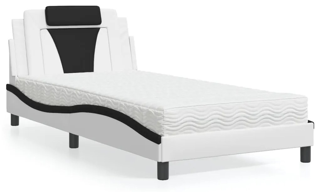 Cama com colchão 100x200 cm couro artificial branco e preto