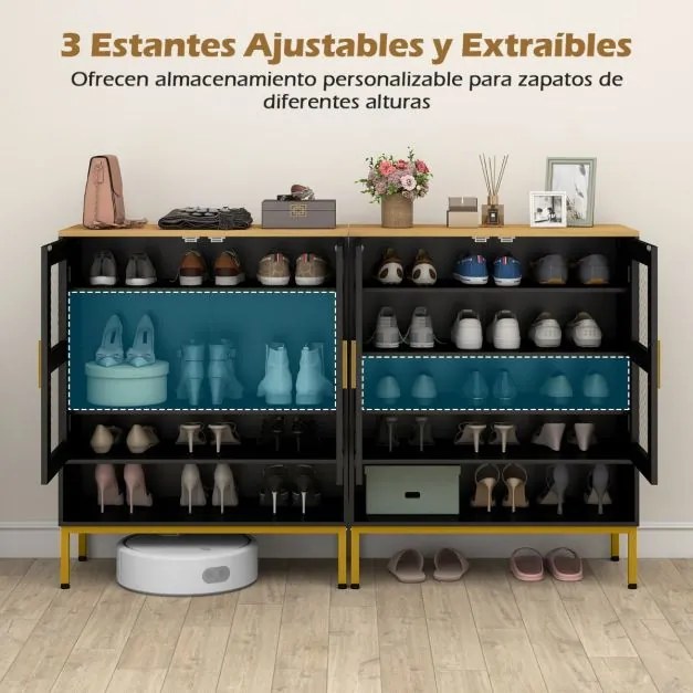 Sapateira com 5 níveis 70 x 35 x 93 cm e portas de malha Organizador moderno para sapatos em madeira com prateleiras ajustáveis e pés pretos