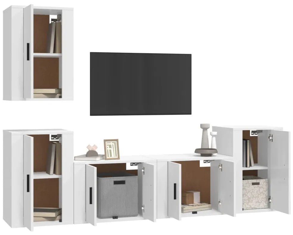 5 pcs conjunto móveis de TV madeira processada branco brilhante