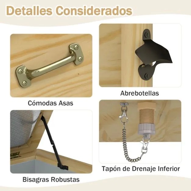 Geleira de madeira de 51 L para bebidas com 3 camadas de isolamento, pega prática, abre latas e orifício para esvaziar 67 x 47 x 74 cm Natural