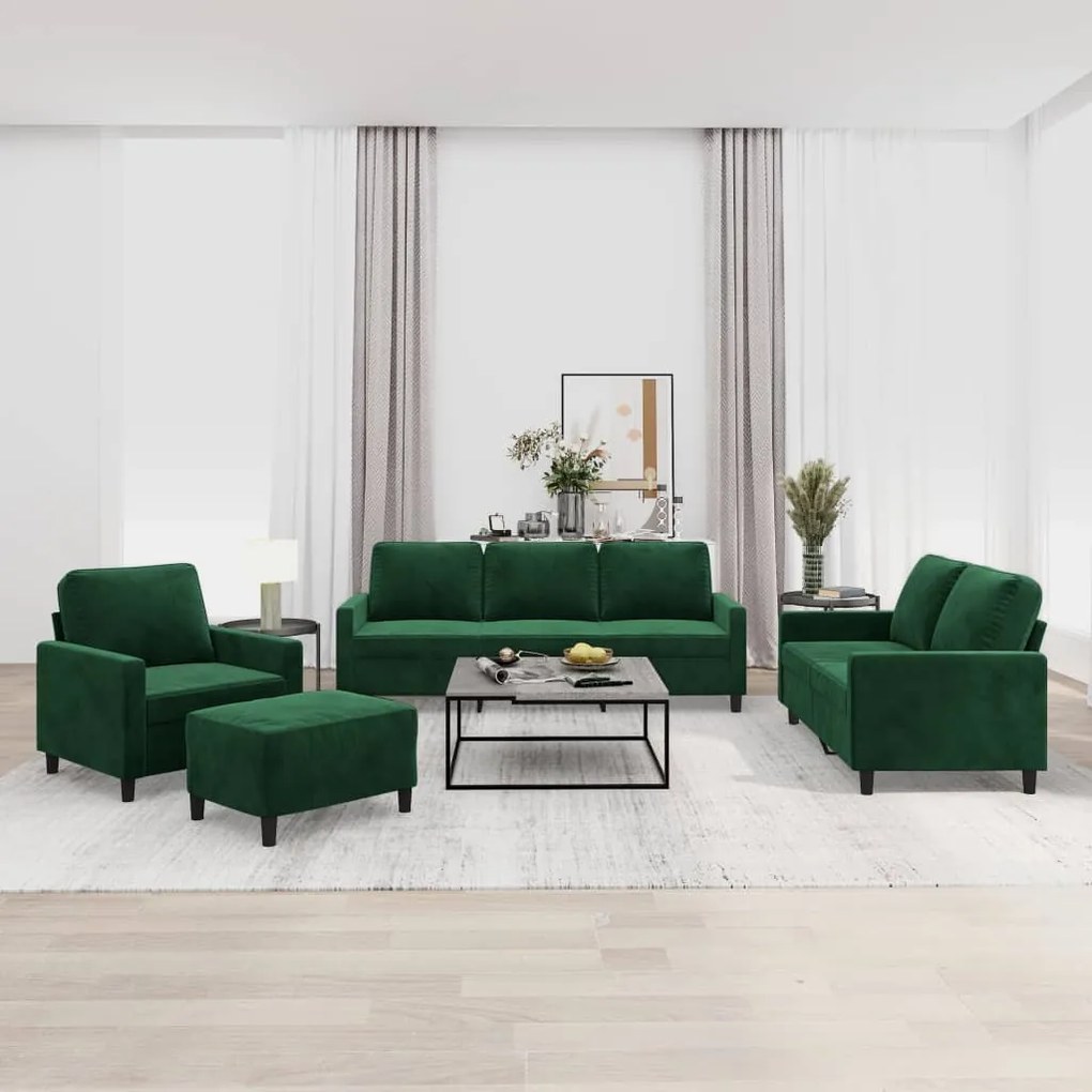 vidaXL 4 pcs conjunto de sofás com almofadões veludo verde-escuro