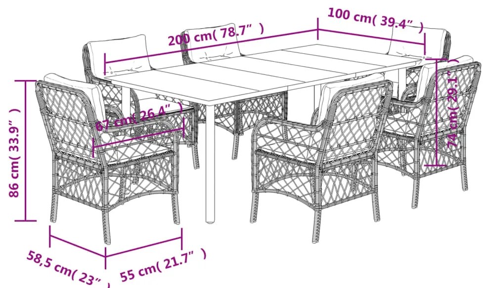 7 pcs conj. jantar p/ jardim c/ almofadões vime PE cinza-claro