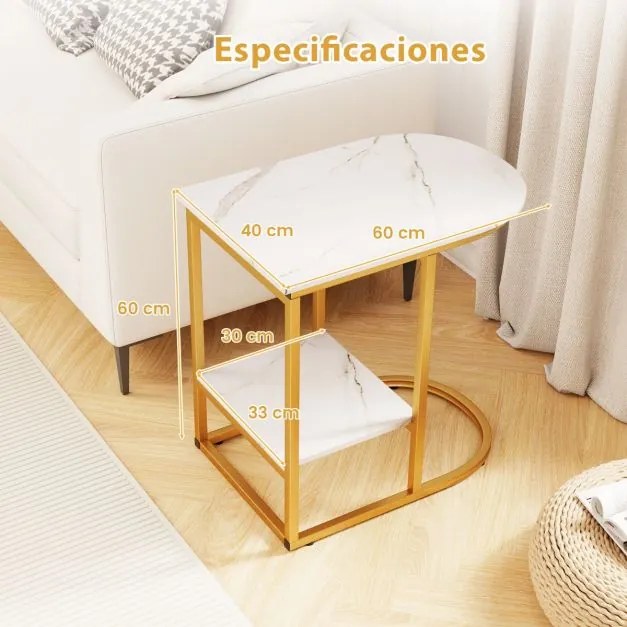 Mesa lateral moderna 60 x 40 x 60 cm em forma de C com tampo em mármore artificial e prateleira Branco + Dourado