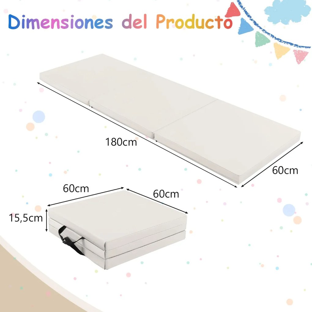 Colchão de ginastica dobrável 180 x 60 x 5 cm de 3 painéis leve e portátil com 2 alças compactas, enchimento de espuma EPE cinza