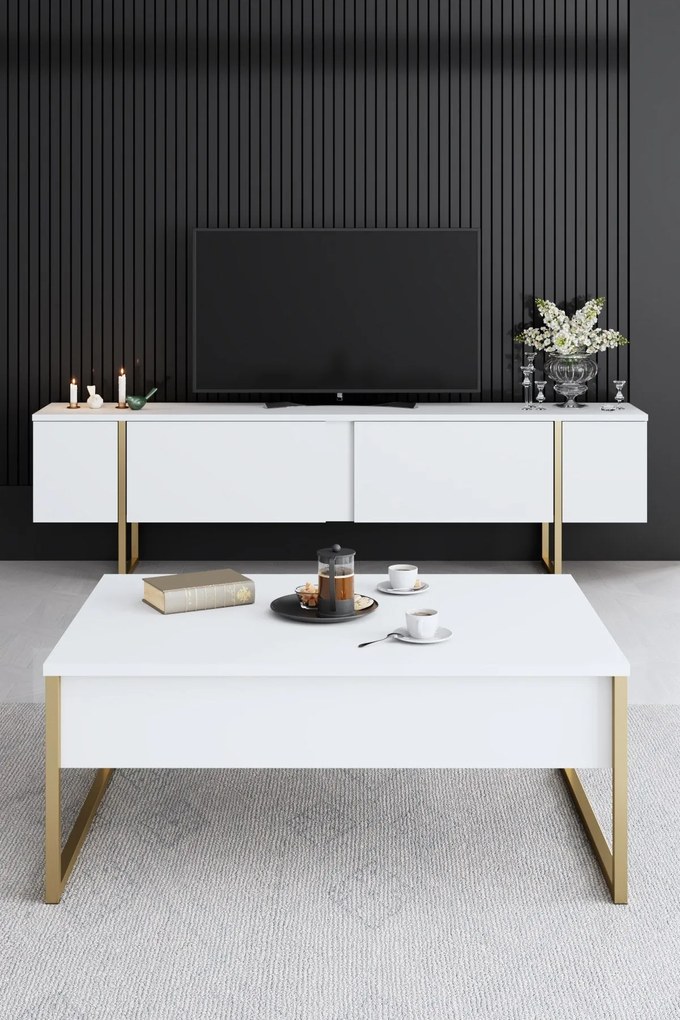 Conjunto de Mobiliário de Sala de Estar Luxe – Branco e Dourado – Cons