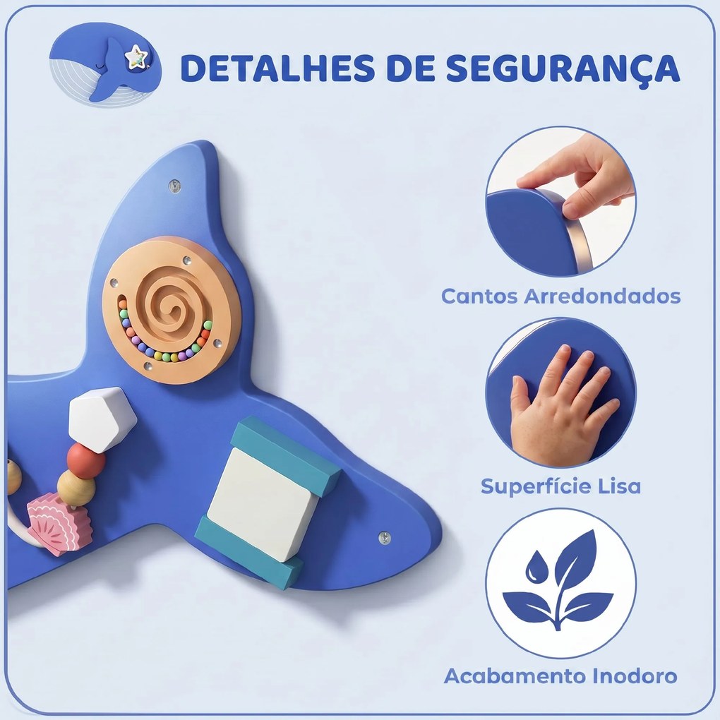 Quadro Sensorial Montessori Baleia Busy Board 13 em 1 para Crianças +2 Anos, Azul