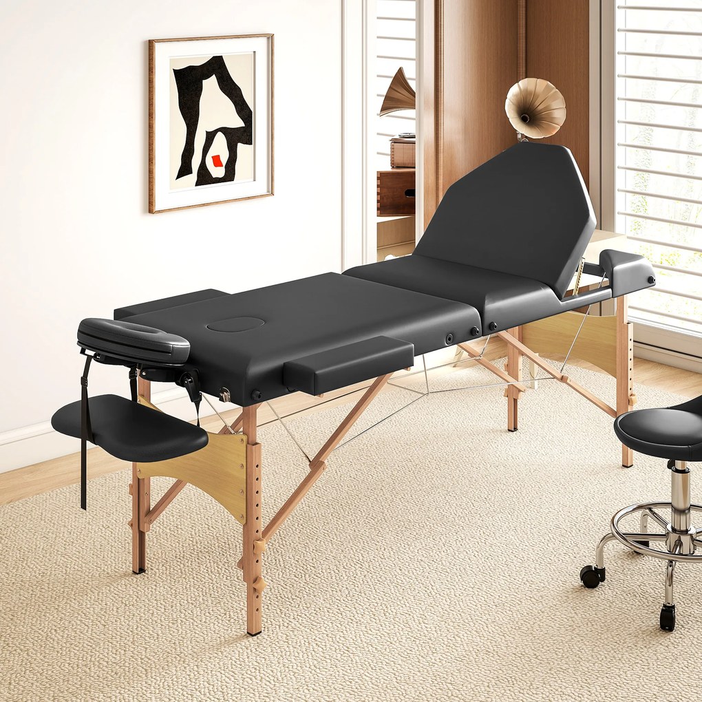 Marquesa de Massagem Dobrável Portátil com Altura Ajustável Apoio de Cabeça Apoios de Braço Acolchoados 215x60x64-89 cm Preto