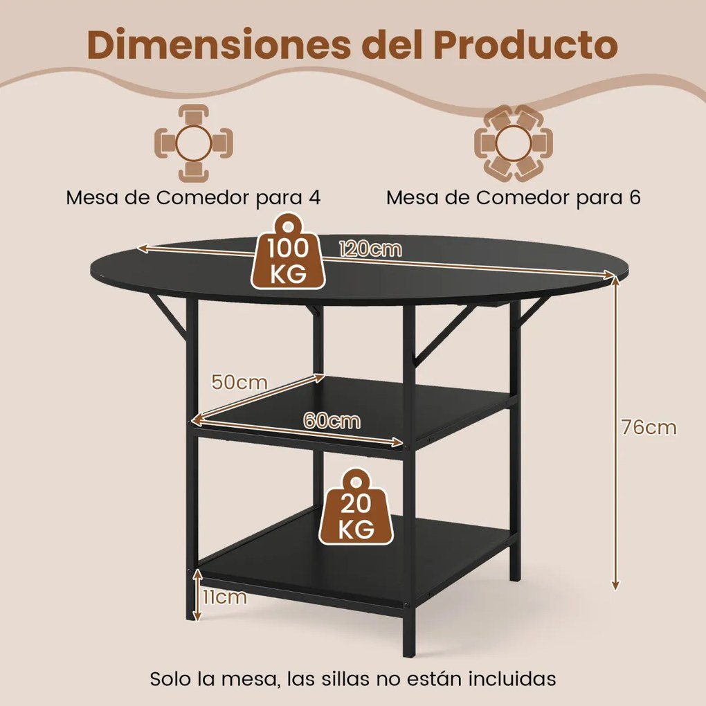 Mesa de Jantar Redonda 120 CM para 4-6 Pessoas de Cozinha Estilo Rústico com Estante Aberta de 2 Níveis Estrutura Metálica Preta